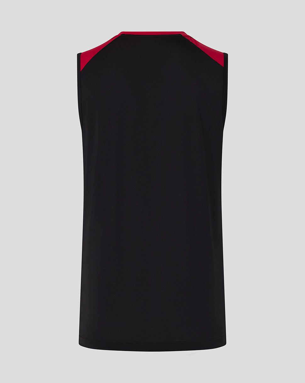 Black sleeveless shirt with red inner collar on a gray background