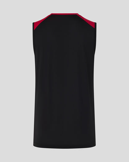 Black sleeveless shirt with red inner collar on a gray background