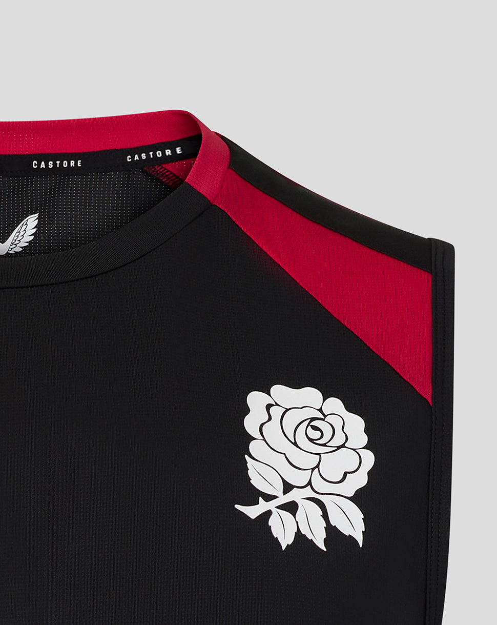 Black sports jersey with red accents and a white rose emblem on a gray background