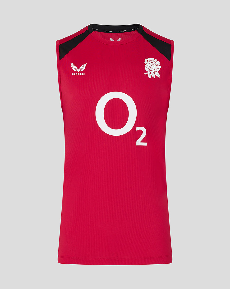 Red sleeveless sports jersey with white logo and text on a gray background