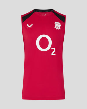 Red sleeveless sports jersey with white logo and text on a gray background