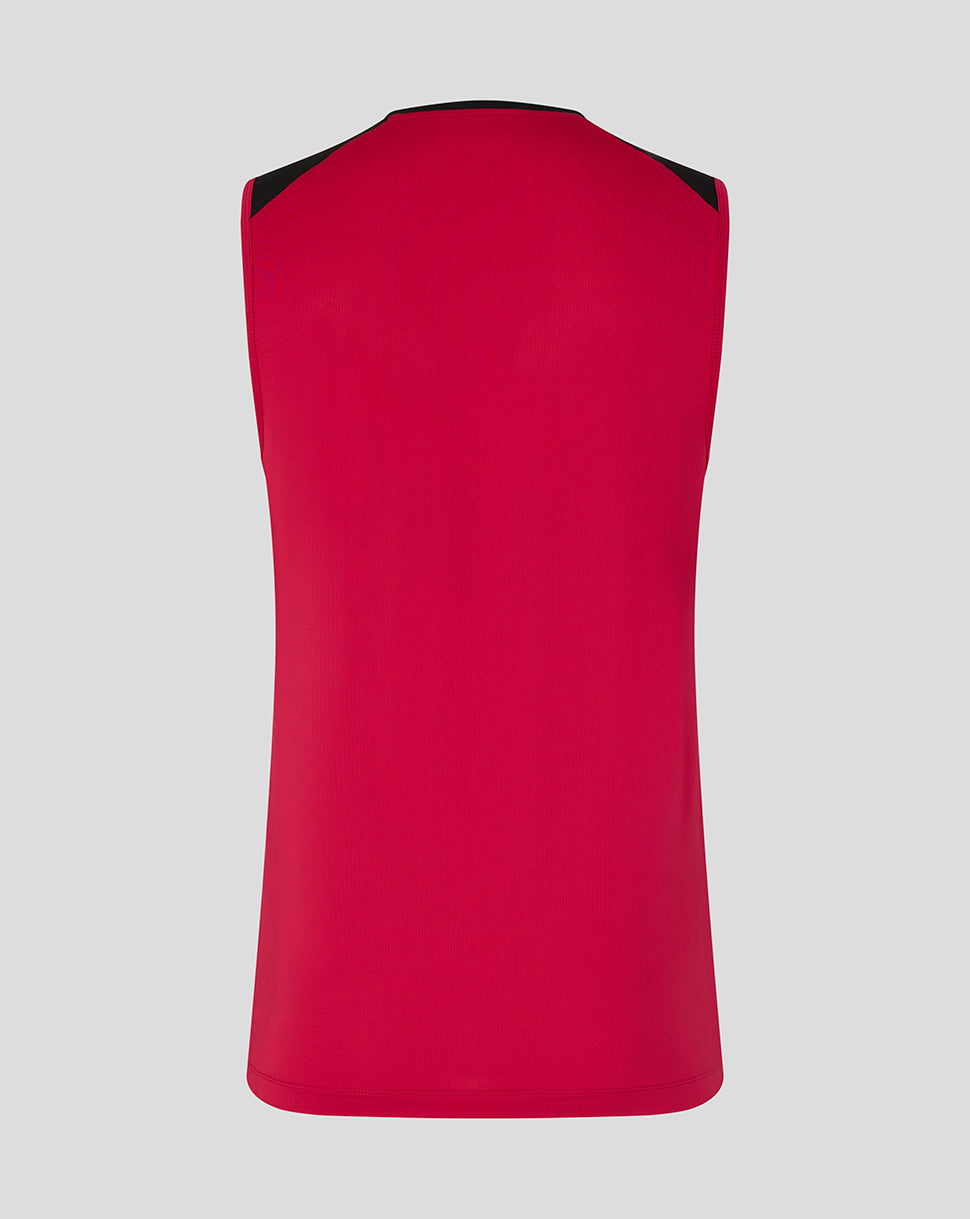 Red sleeveless top with black trim on a light gray background