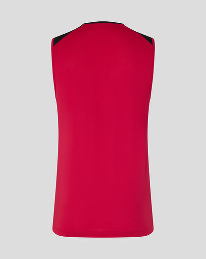 Red sleeveless top with black trim on a light gray background