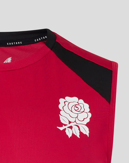 Red sports jersey with white rose emblem and 'Castore' branding on a light gray background