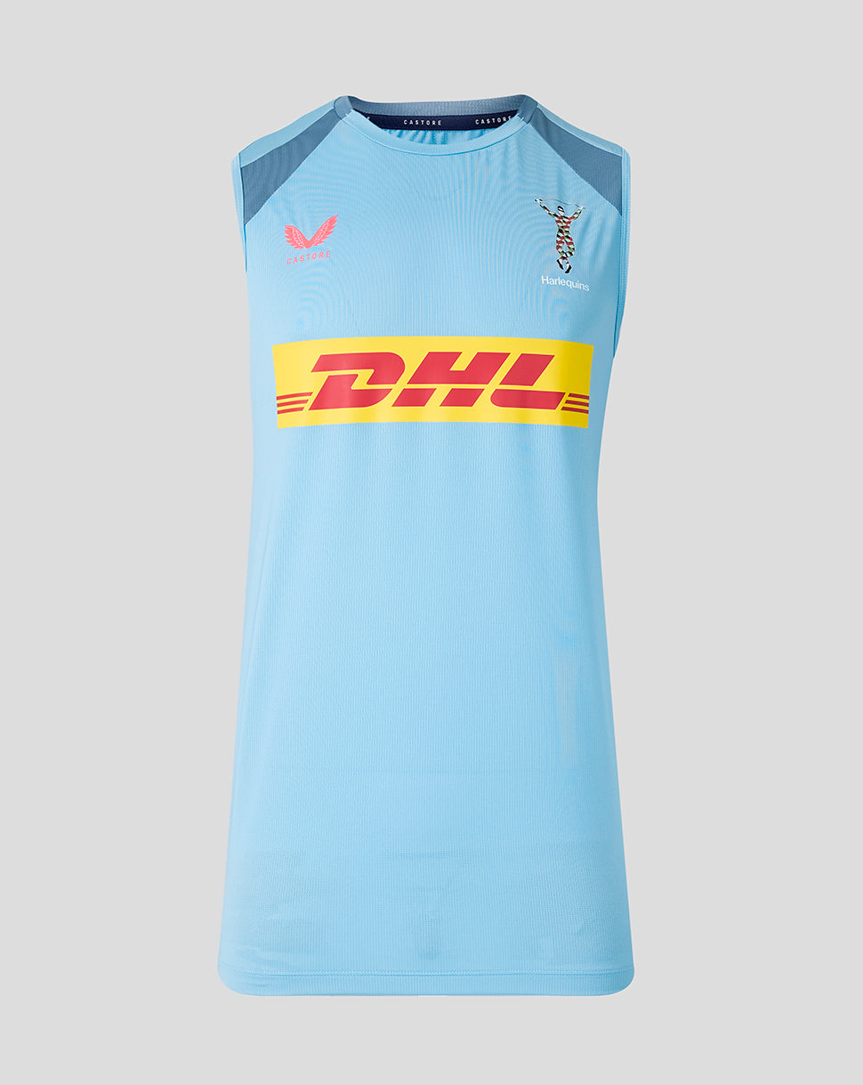 Light blue sleeveless shirt with DHL logo on a gray background