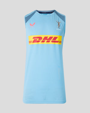 Light blue sleeveless shirt with DHL logo on a gray background