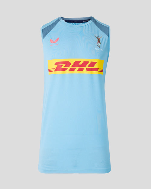 Light blue sleeveless shirt with DHL logo on a gray background