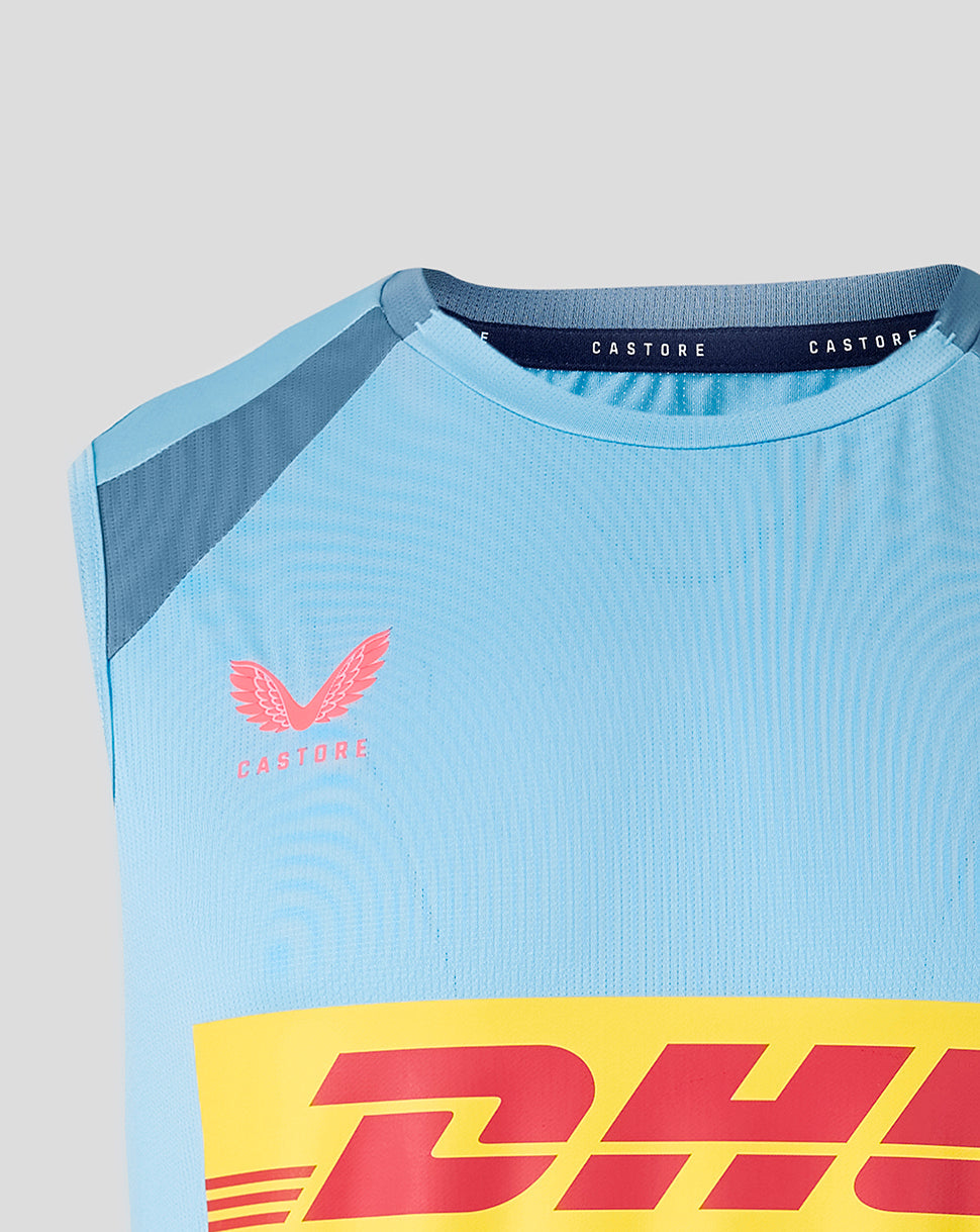Light blue sleeveless top with pink logo and red 'DHL' logo on a gray background