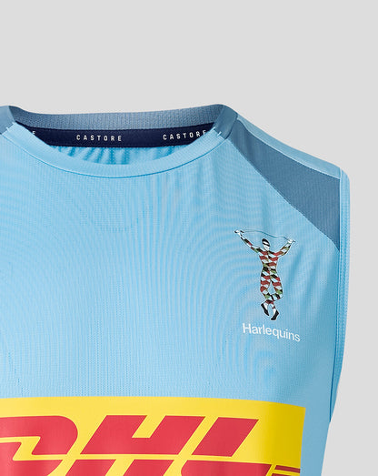 Light blue sports jersey with DHL logo and Harlequins branding on a gray background