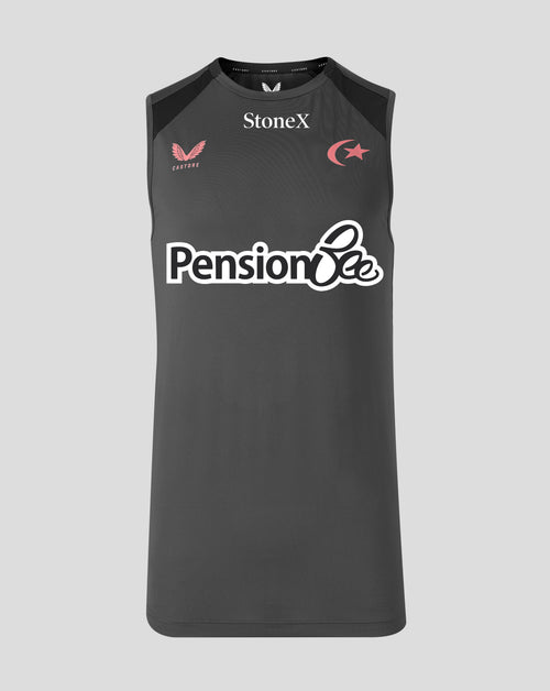 A dark gray sleeveless athletic tank top with 'Pension Bee' printed in white across the chest, featuring 'StoneX' in white at the collar, a red emblem on the wearer's left chest, and a red Flyaway wing logo on the wearer's right chest, displayed on a solid light gray background.