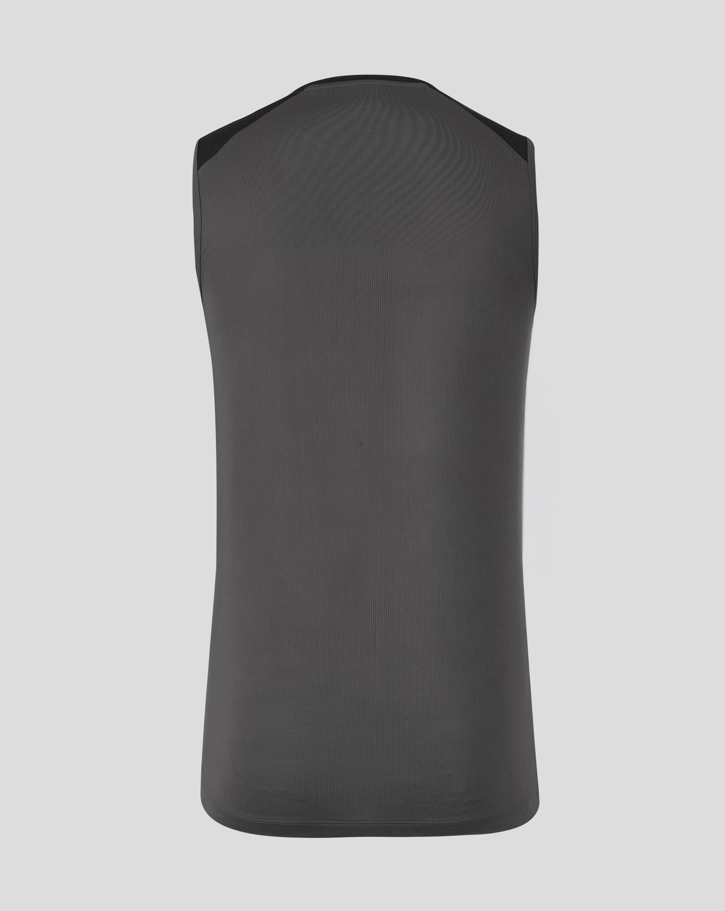 A dark gray sleeveless athletic tank top shown from the back, featuring a subtle wavy ribbed texture, set against a solid light gray background.