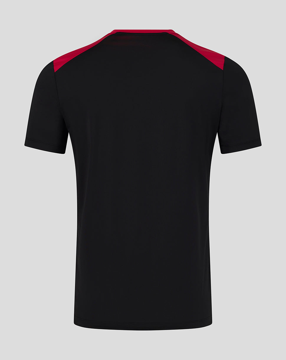 Black t-shirt with red accents on a gray background