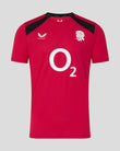 Red sports jersey with black sleeves and branding on a gray background