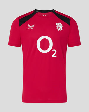 Red sports jersey with black sleeves and branding on a gray background