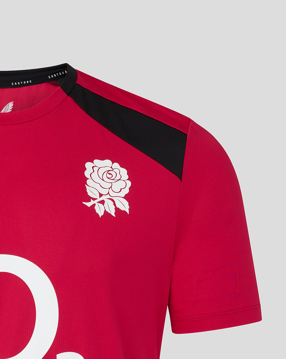 Red sports jersey with white logo on a gray background