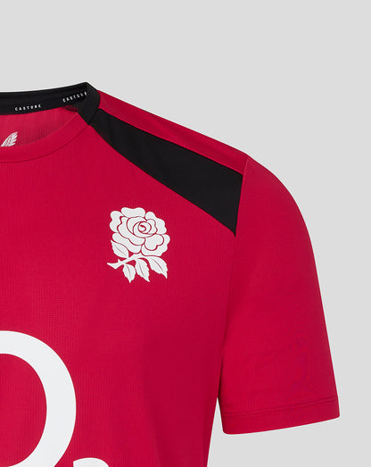 Red sports jersey with white logo on a gray background