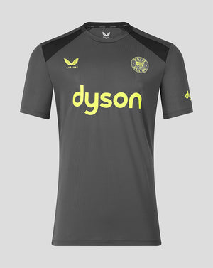 A dark gray short-sleeve soccer jersey with black shoulder panels, featuring a yellow 'dyson' sponsor logo across the chest, a yellow 'CASTORE' logo on the right chest, and a circular 'BATH RUGBY' crest on the left chest, shown against a light gray background.