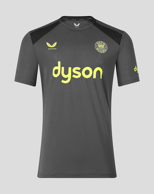 A dark gray short-sleeve soccer jersey with black shoulder panels, featuring a yellow 'dyson' sponsor logo across the chest, a yellow 'CASTORE' logo on the right chest, and a circular 'BATH RUGBY' crest on the left chest, shown against a light gray background.
