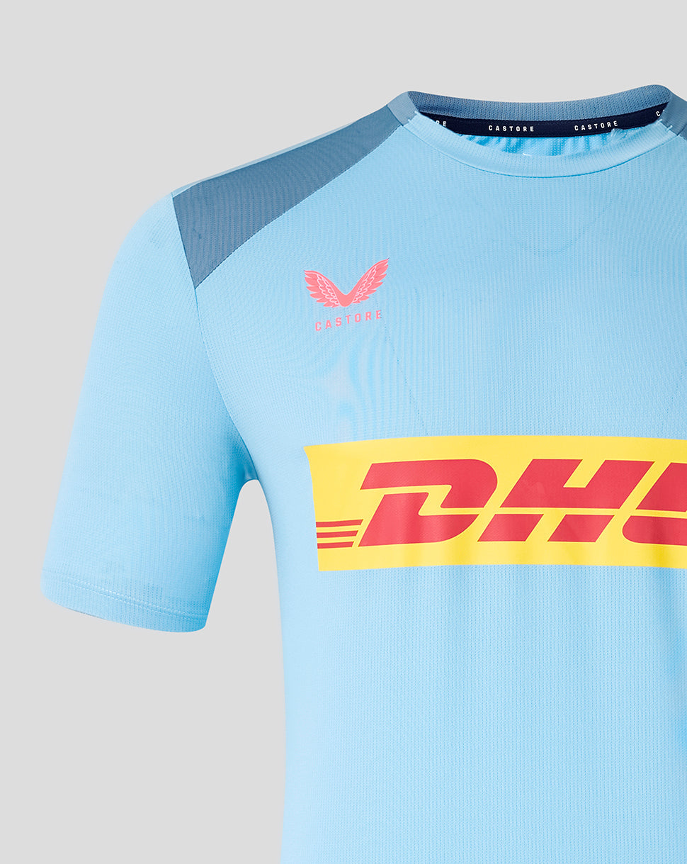 Light blue sports jersey with red and yellow DHL logo on a gray background