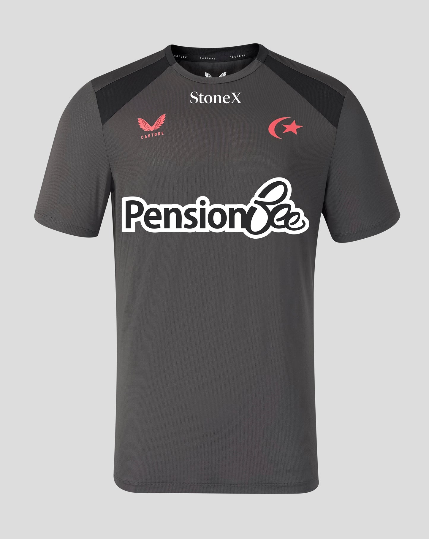 A dark gray short-sleeve athletic jersey with black shoulder panels, featuring the 'Pension Bee' sponsor logo in white across the chest, the 'StoneX' brand logo at the collar, and red and white team crest logos on the shoulders.