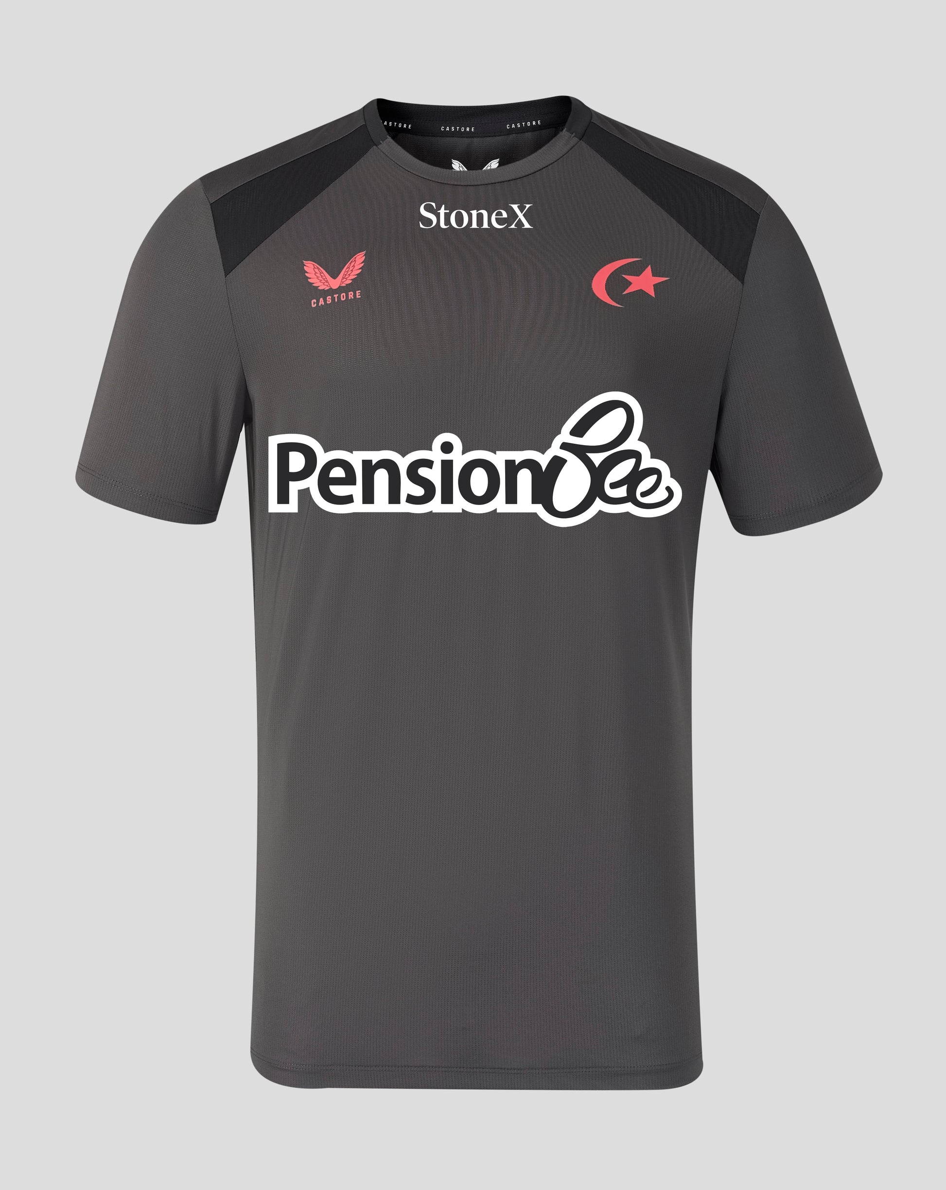 A dark gray short-sleeve athletic jersey with black shoulder panels, featuring the 'Pension Bee' sponsor logo in white across the chest, the 'StoneX' brand logo at the collar, and red and white team crest logos on the shoulders.