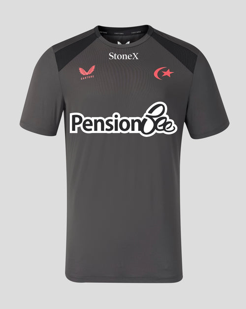 A dark gray short-sleeve athletic jersey with black shoulder panels, featuring the 'Pension Bee' sponsor logo in white across the chest, the 'StoneX' brand logo at the collar, and red and white team crest logos on the shoulders.