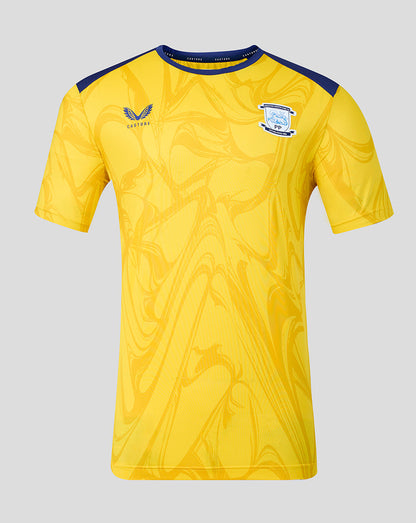 Yellow sports jersey with a logo on a gray background