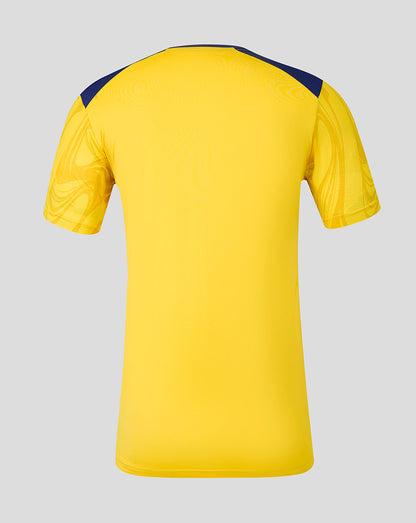 Yellow sports jersey with blue accents on a gray background
