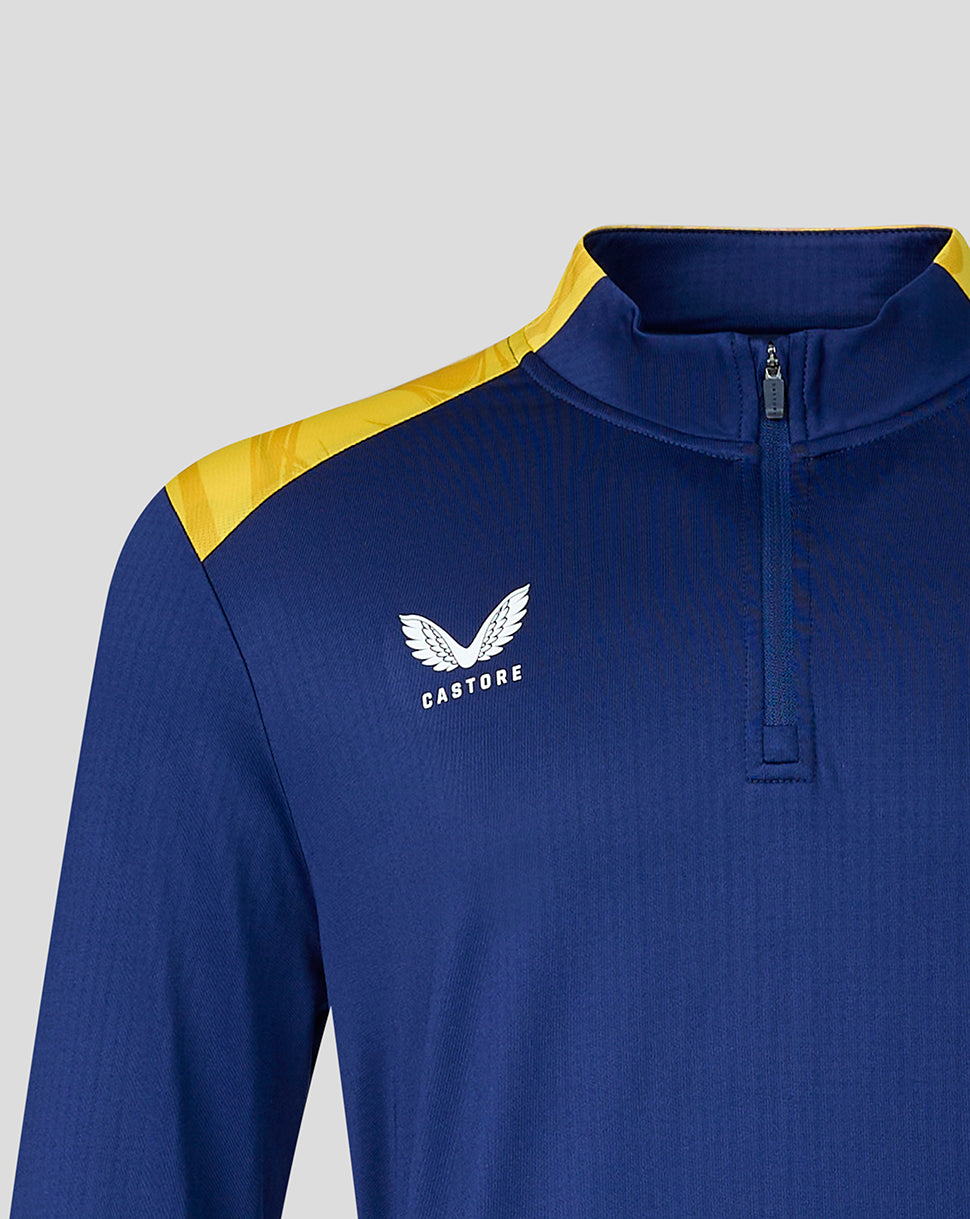 Blue athletic jacket with yellow accents and a visible brand logo on a light gray background