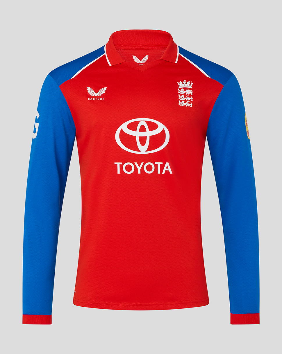 Red and blue sports jersey with Toyota logo on a gray background