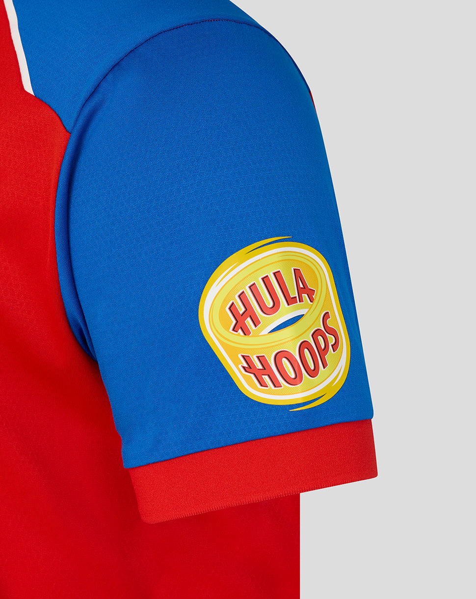 Hula Hoops logo on a blue sleeve with red background
