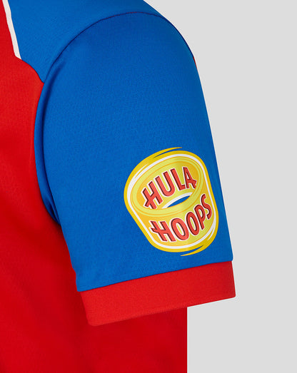 Hula Hoops logo on a blue sleeve with red background