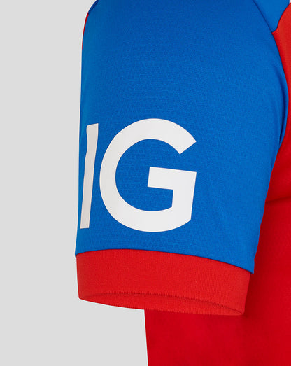 Close-up of a red and blue sleeve with a large white 'IG' logo on a gray background