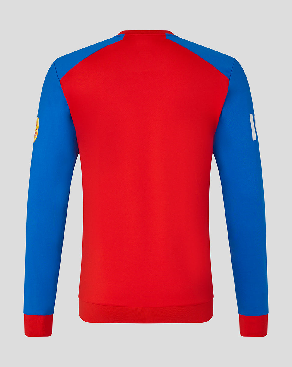 Red and blue long-sleeve shirt on a gray background