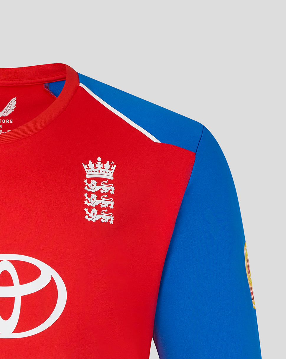 Red and blue sports jersey with a prominent logo on a gray background
