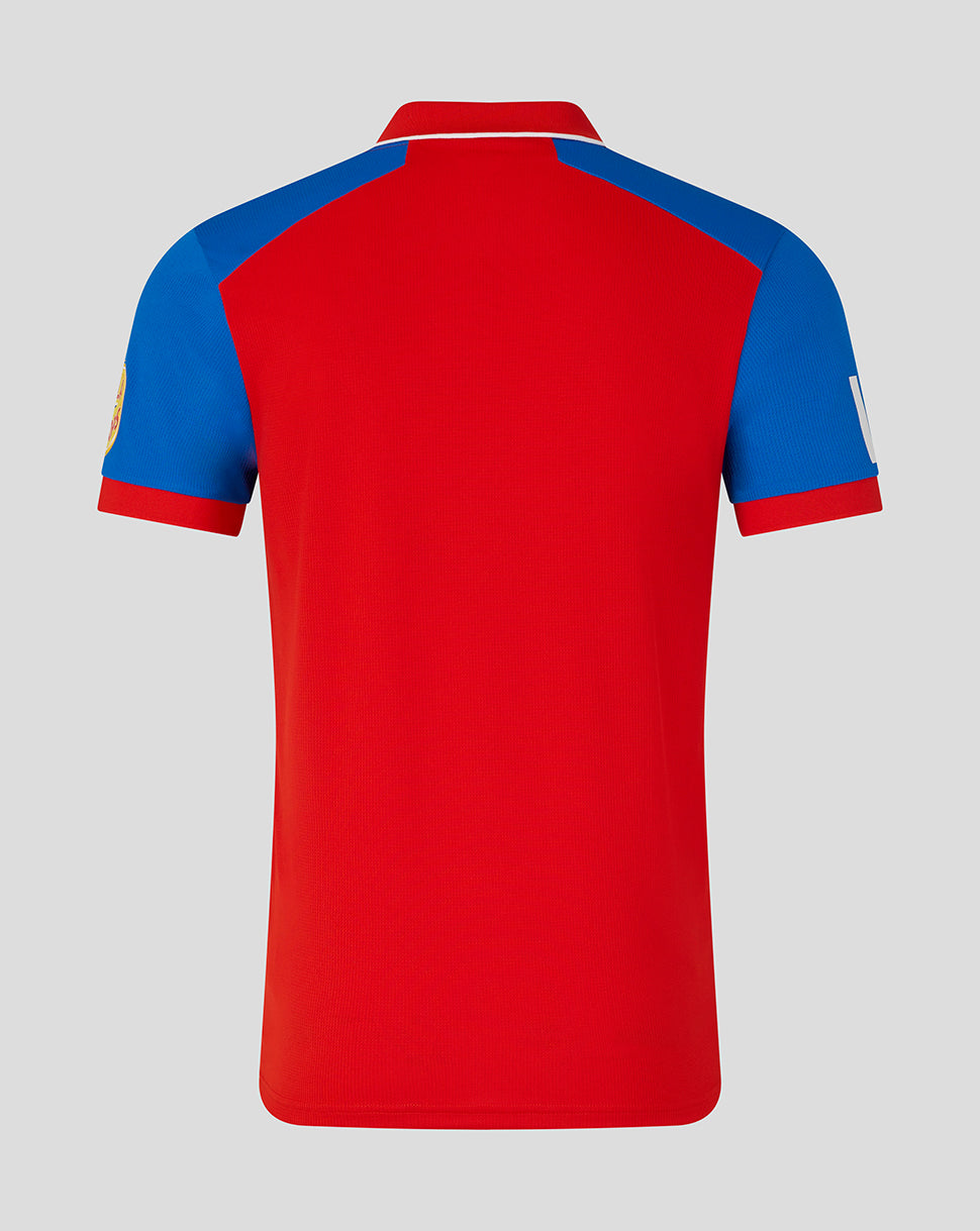 Red and blue polo shirt on a gray background
