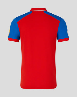 Red and blue polo shirt on a gray background