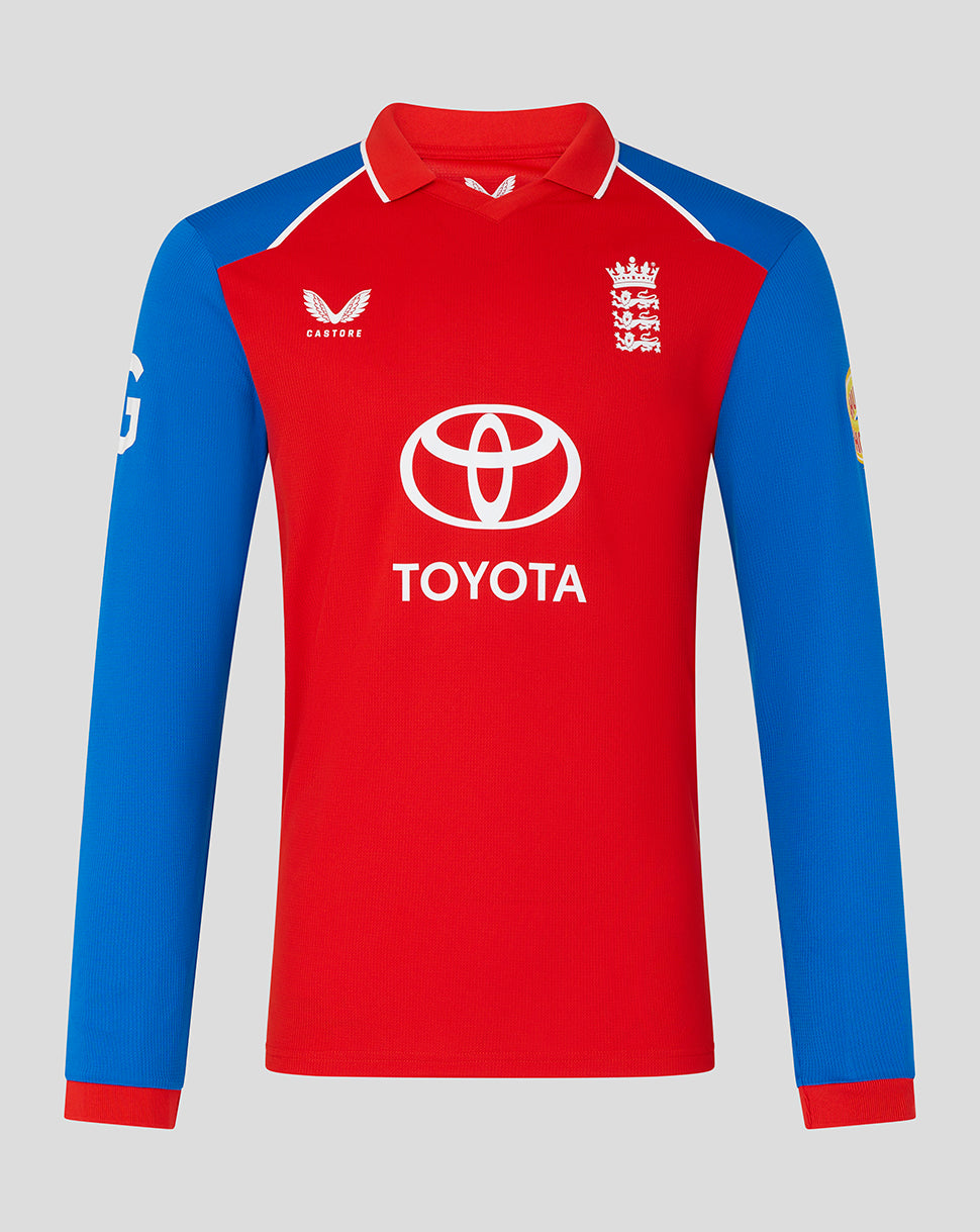 Red and blue sports jersey with Toyota logo on a gray background