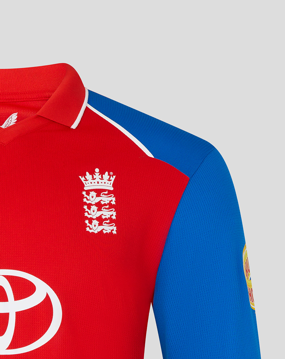 Red and blue sports jersey with a logo on a gray background