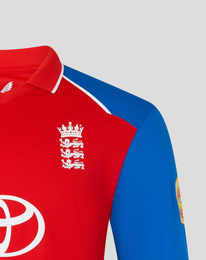Red and blue sports jersey with a logo on a gray background