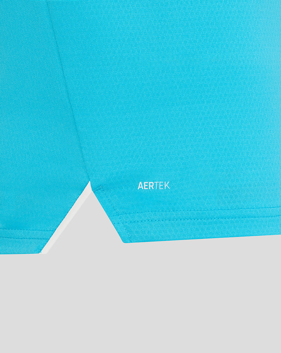 Close-up of a blue fabric with 'AERTEK' branding on a light gray background