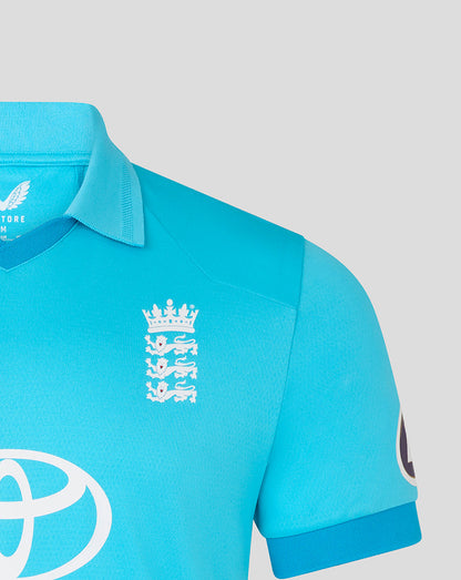 Blue polo shirt with a logo on a light gray background