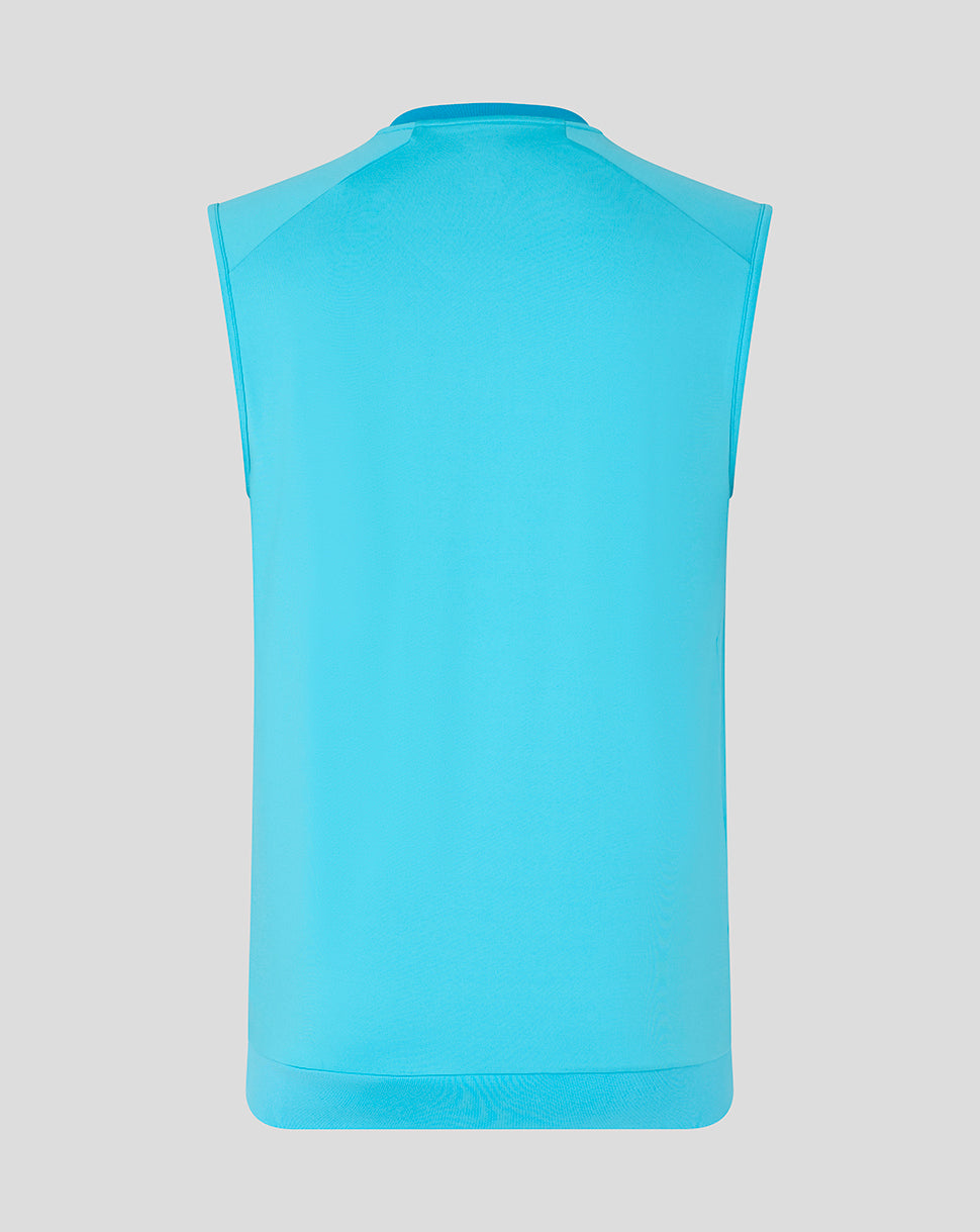 Blue sleeveless top on a light gray background