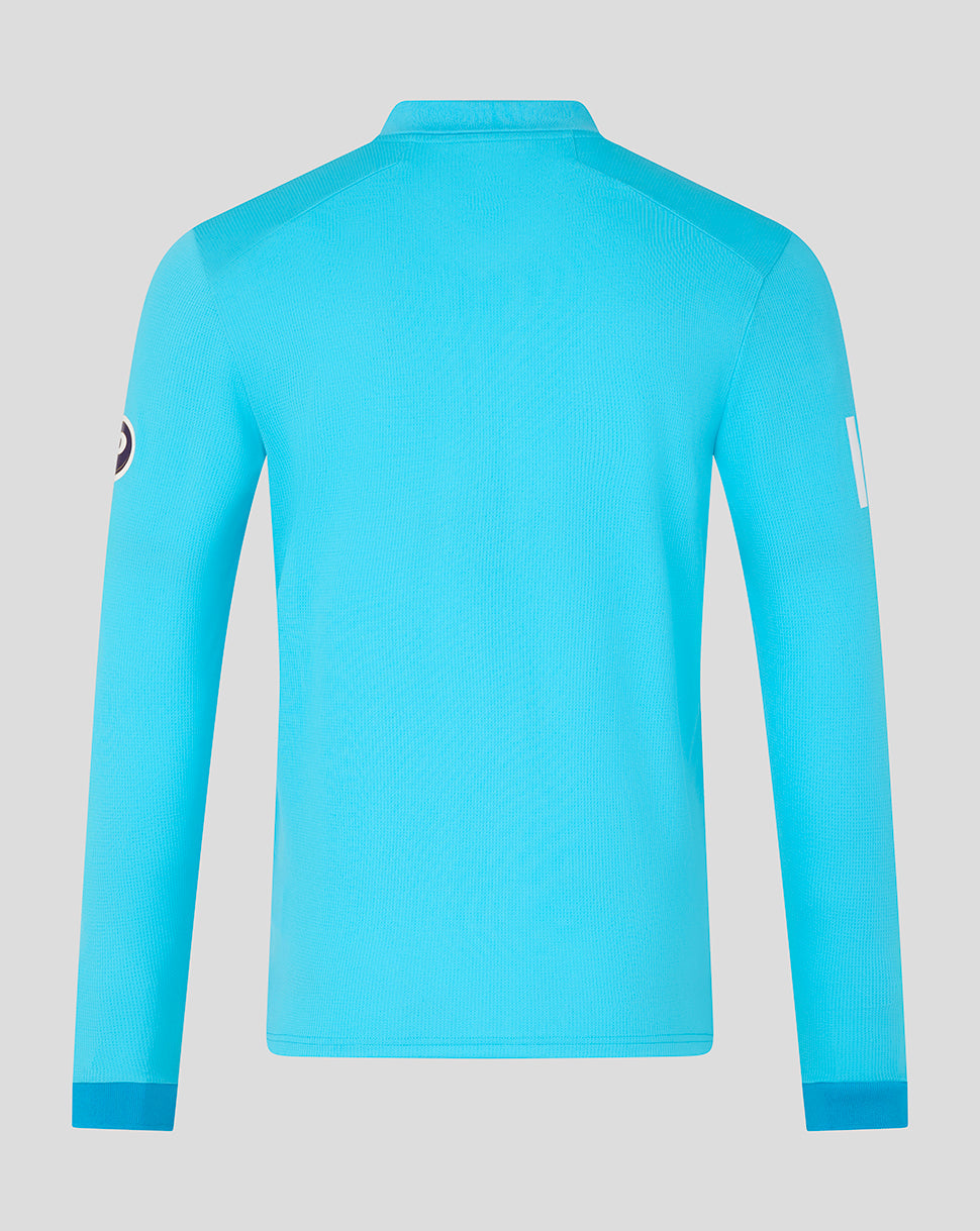 Blue long-sleeve shirt on a light gray background