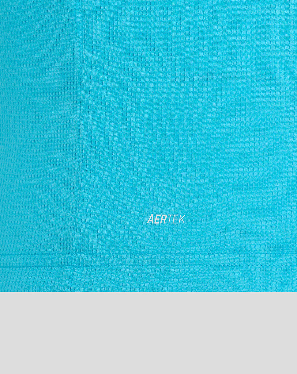 Close-up of a blue textured fabric with 'AERTEK' branding.