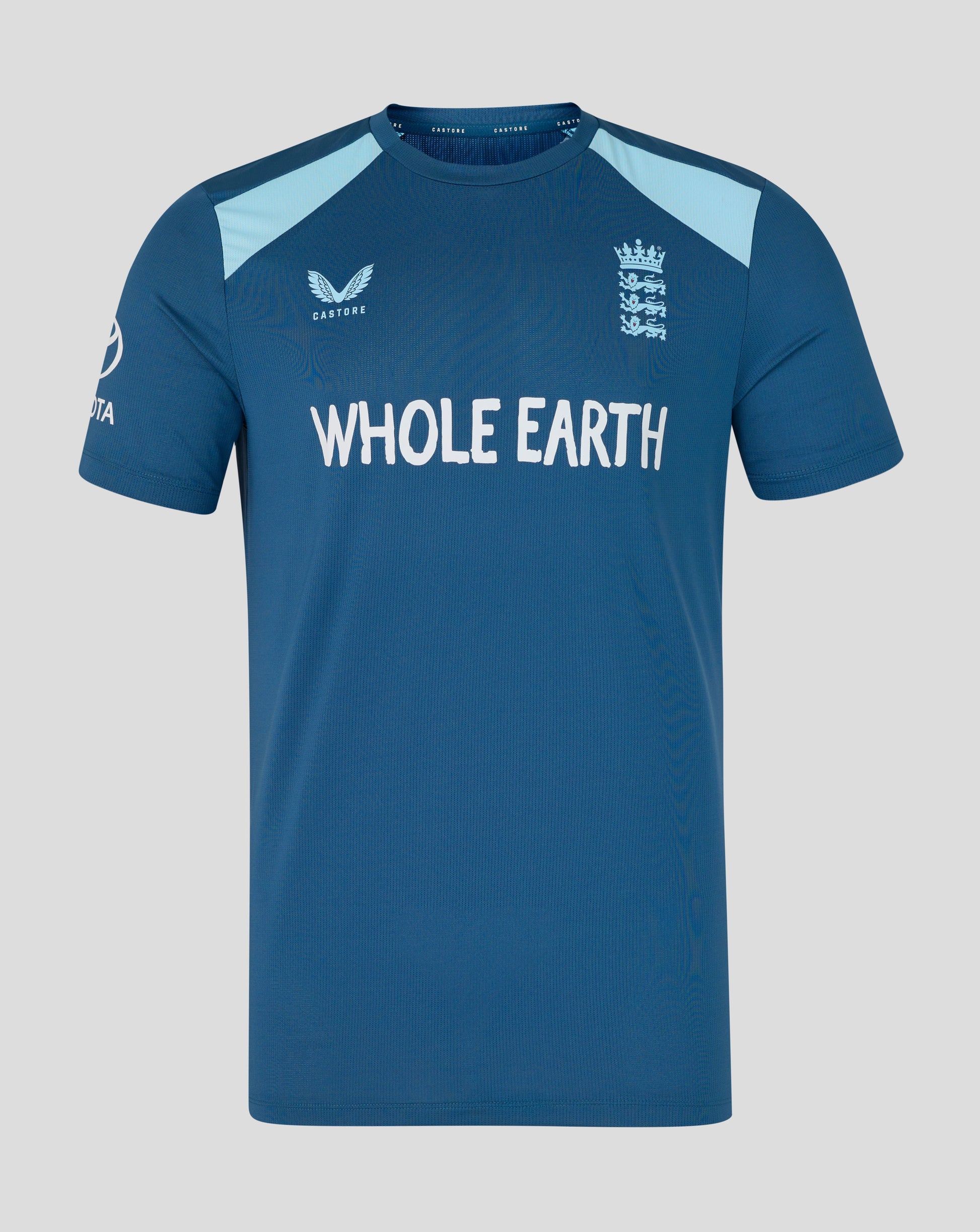Blue sports jersey with 'Whole Earth' branding on a gray background