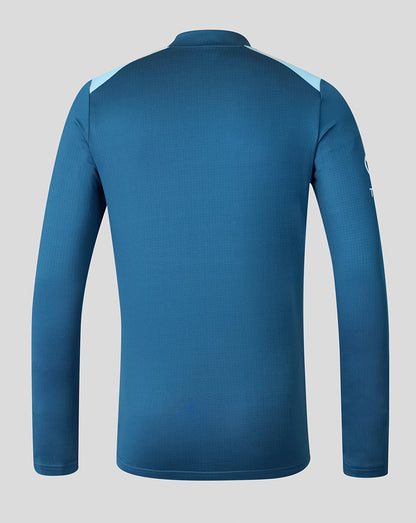 Blue long-sleeve shirt on a gray background