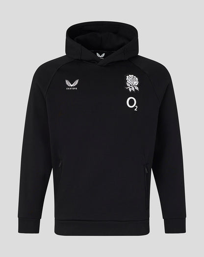 Black hoodie with logos on a gray background