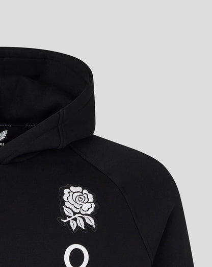 Black hoodie with white rose emblem on a light gray background