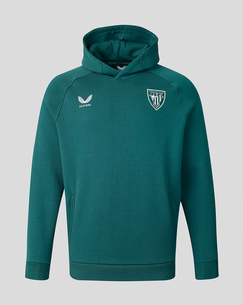 Teal travel hooded sweatshirt with an Athletic Club crest on the chest.